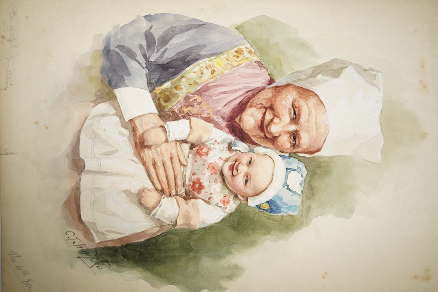 Charles Thomas Howard (1865-1942), a pair of original watercolours for postcard designs, Traditional Breton costume comprising; ‘Two strings to his bow’ and ‘The 4th Generation’, each signed, unframed, 27 x 18cm. Conditi